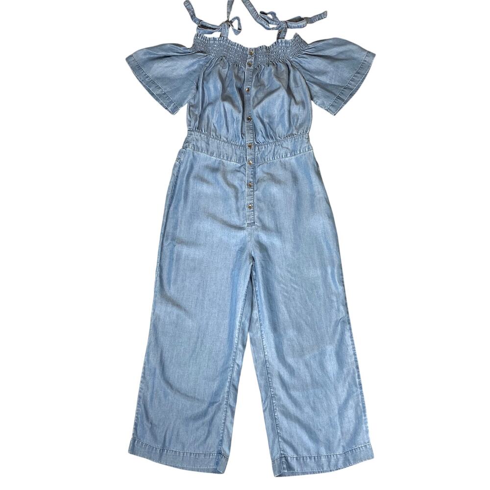 7 FOR ALL MANKIND Denim Jumpsuit Small Blue Smock Off Shoulder Crop Wide Leg NWT